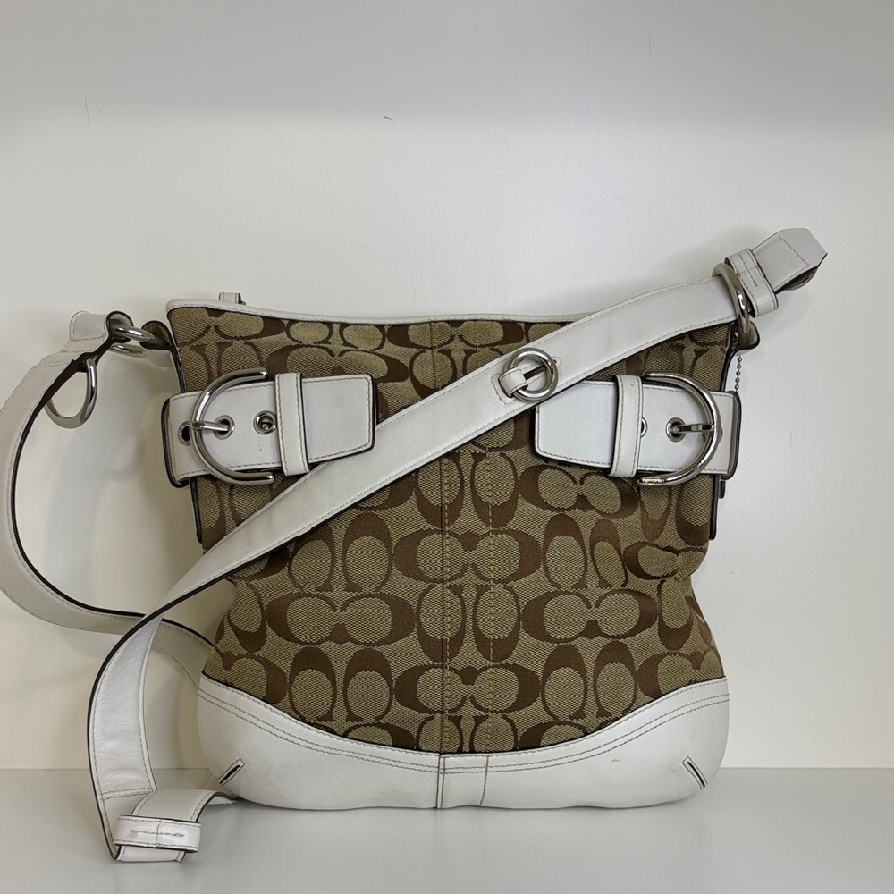 Coach Signature Canvas & White Leather Shoulder Bag